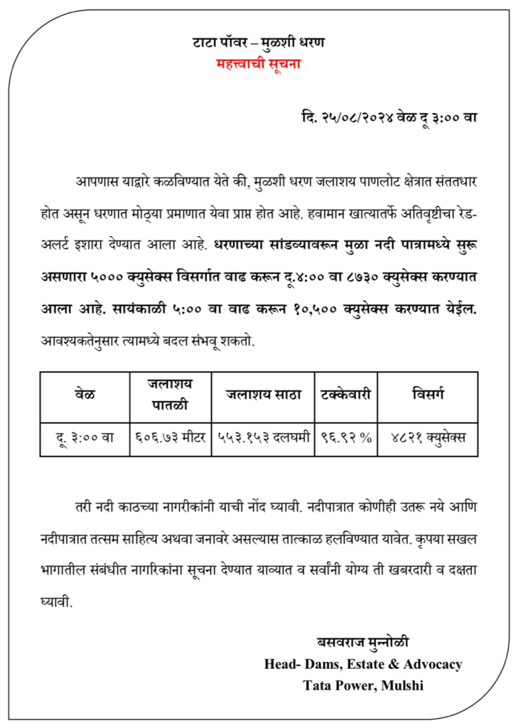 Mulshi dam water discharge